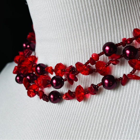 Red Fashion Jewelry Beaded Collar Necklace Multistrand Chic Minimal - Picture 3 of 4